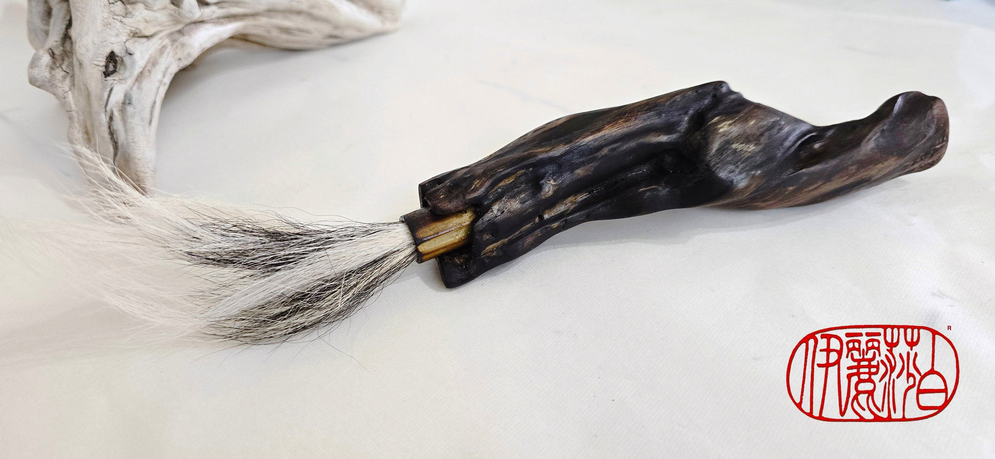 Handmade Sumi-Style Brush – Skunk and White Deer Tail with Sculpted Driftwood Handle Paintbrush Elizabeth Schowachert Art