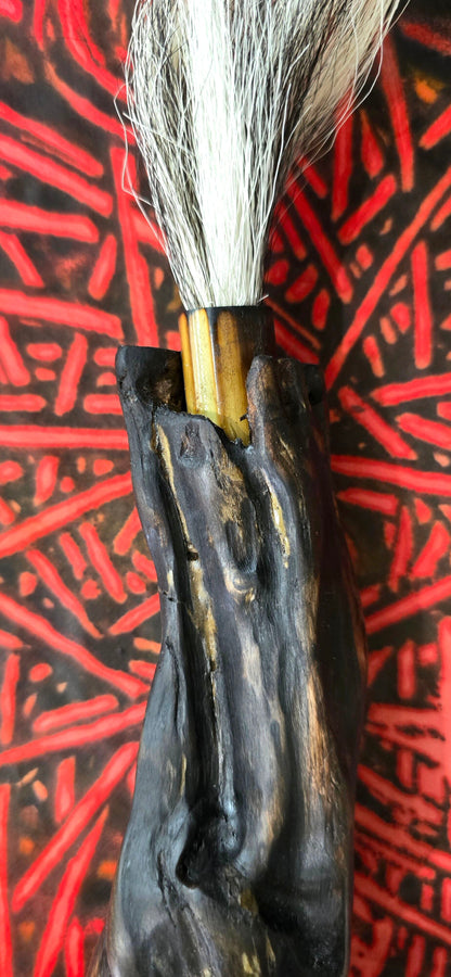 Handmade Sumi-Style Brush – Skunk and White Deer Tail with Sculpted Driftwood Handle Paintbrush Elizabeth Schowachert Art