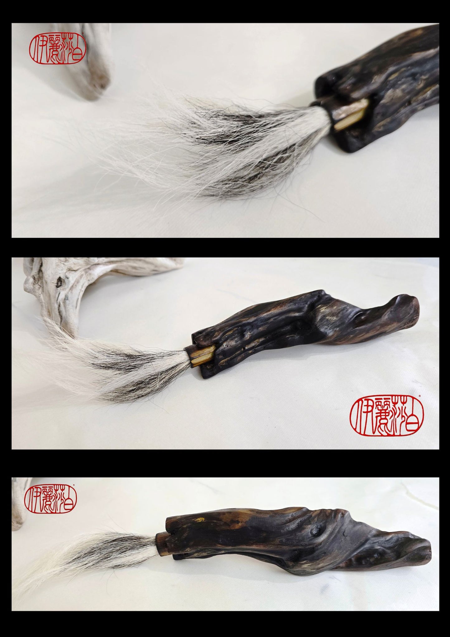 Handmade Sumi-Style Brush – Skunk and White Deer Tail with Sculpted Driftwood Handle Paintbrush Elizabeth Schowachert Art