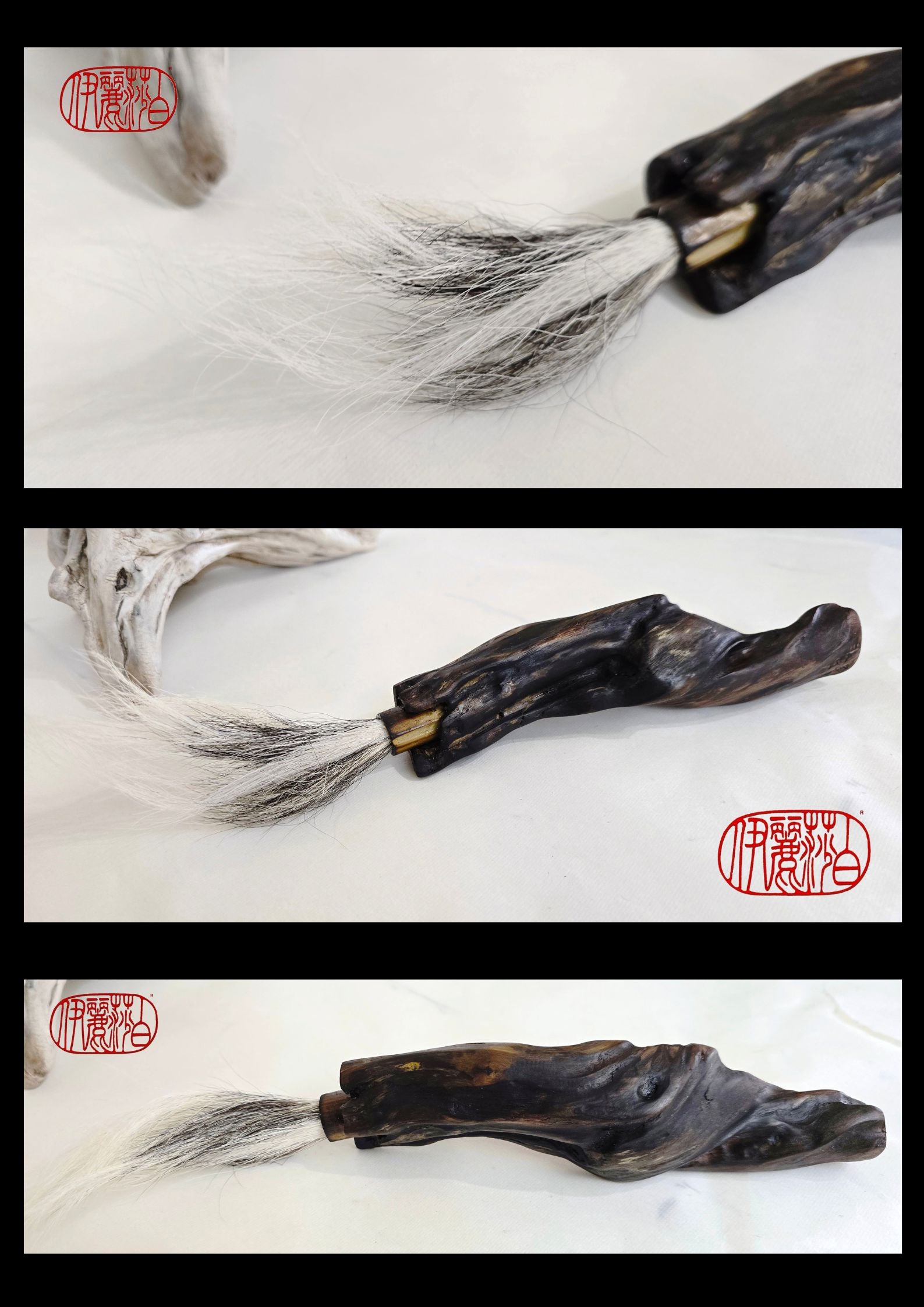 Handmade Sumi-Style Brush – Skunk and White Deer Tail with Sculpted Driftwood Handle Paintbrush Elizabeth Schowachert Art