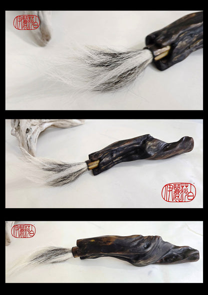 Handmade Sumi-Style Brush – Skunk and White Deer Tail with Sculpted Driftwood Handle Paintbrush Elizabeth Schowachert Art
