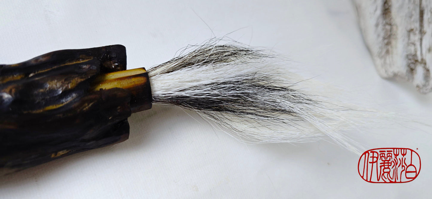 Handmade Sumi-Style Brush – Skunk and White Deer Tail with Sculpted Driftwood Handle Paintbrush Elizabeth Schowachert Art