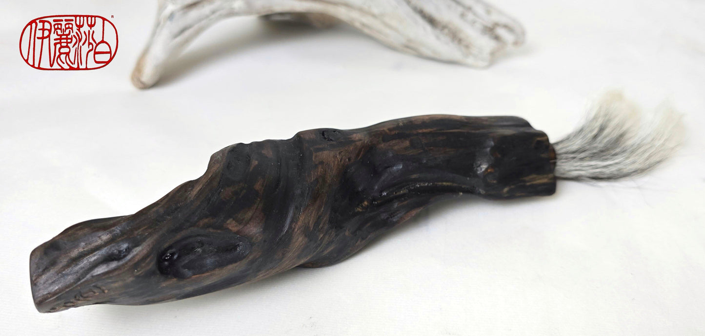 Handmade Sumi-Style Brush – Skunk and White Deer Tail with Sculpted Driftwood Handle Paintbrush Elizabeth Schowachert Art