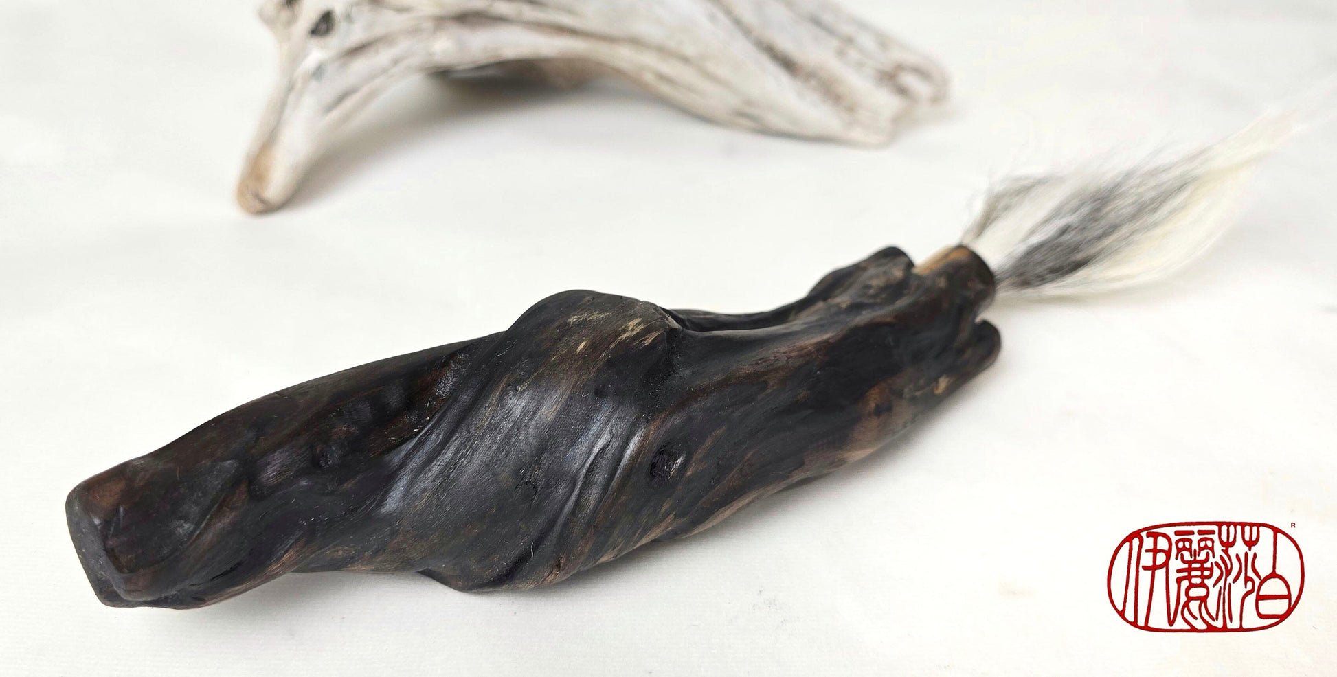 Handmade Sumi-Style Brush – Skunk and White Deer Tail with Sculpted Driftwood Handle Paintbrush Elizabeth Schowachert Art