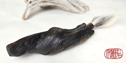 Handmade Sumi-Style Brush – Skunk and White Deer Tail with Sculpted Driftwood Handle Paintbrush Elizabeth Schowachert Art