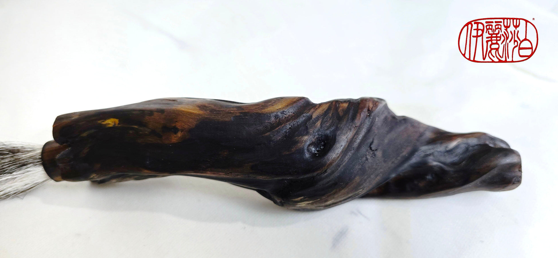 Handmade Sumi-Style Brush – Skunk and White Deer Tail with Sculpted Driftwood Handle Paintbrush Elizabeth Schowachert Art