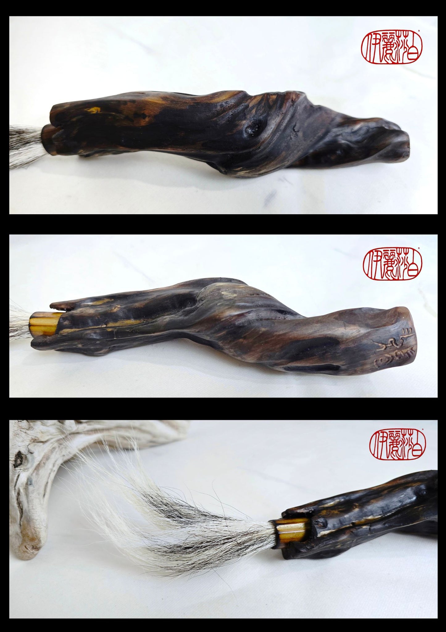 Handmade Sumi-Style Brush – Skunk and White Deer Tail with Sculpted Driftwood Handle Paintbrush Elizabeth Schowachert Art