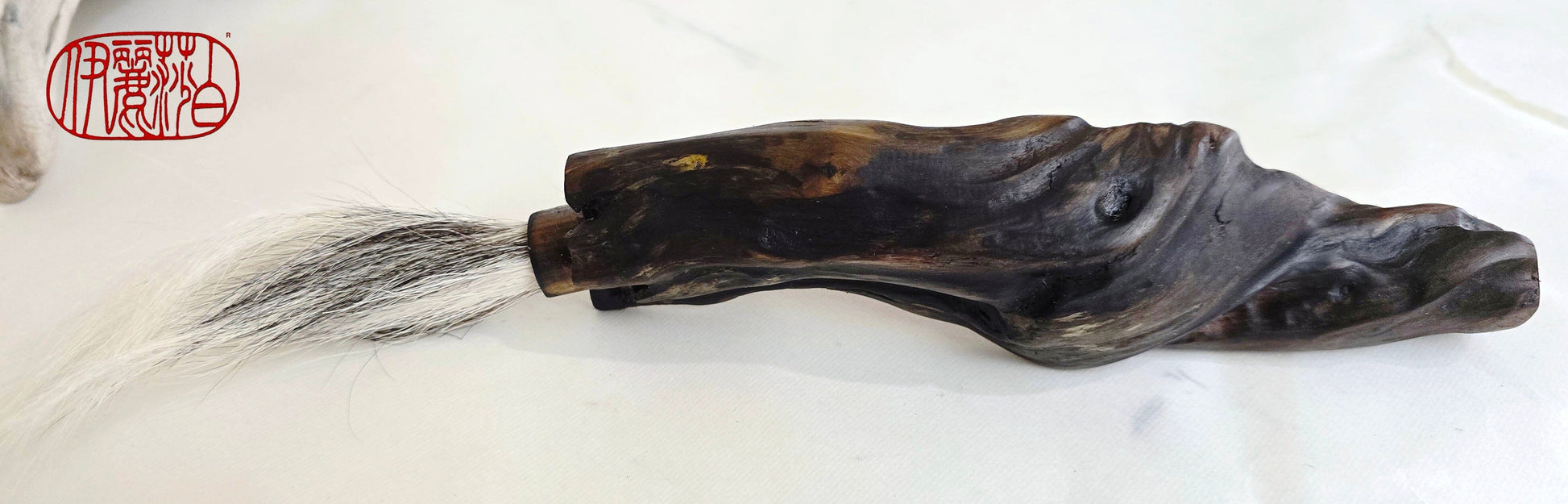 Handmade Sumi-Style Brush – Skunk and White Deer Tail with Sculpted Driftwood Handle Paintbrush Elizabeth Schowachert Art
