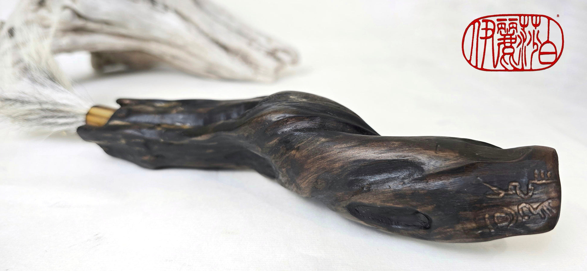 Handmade Sumi-Style Brush – Skunk and White Deer Tail with Sculpted Driftwood Handle Paintbrush Elizabeth Schowachert Art