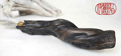 Handmade Sumi-Style Brush – Skunk and White Deer Tail with Sculpted Driftwood Handle Paintbrush Elizabeth Schowachert Art