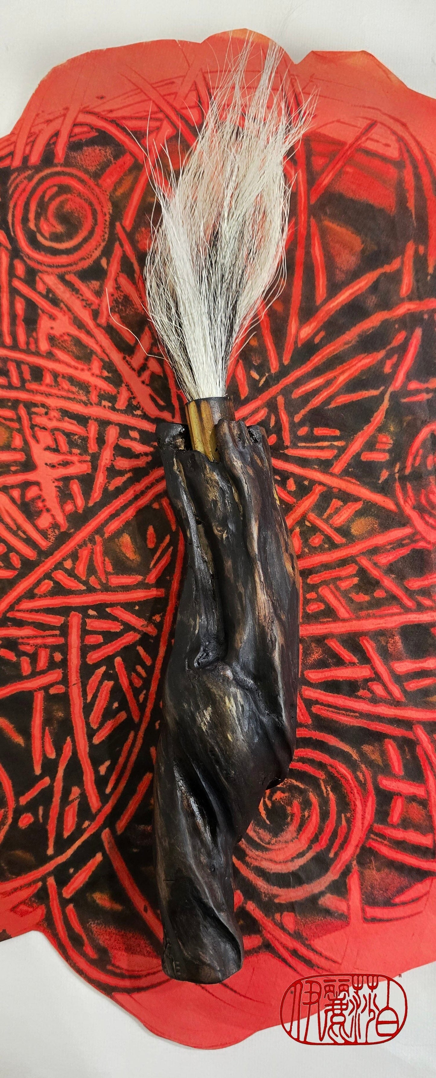 Handmade Sumi-Style Brush – Skunk and White Deer Tail with Sculpted Driftwood Handle Paintbrush Elizabeth Schowachert Art