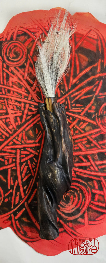 Handmade Sumi-Style Brush – Skunk and White Deer Tail with Sculpted Driftwood Handle Paintbrush Elizabeth Schowachert Art