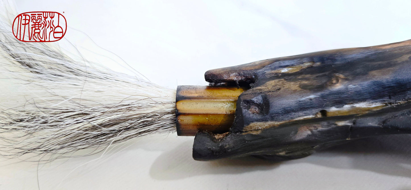 Handmade Sumi-Style Brush – Skunk and White Deer Tail with Sculpted Driftwood Handle Paintbrush Elizabeth Schowachert Art