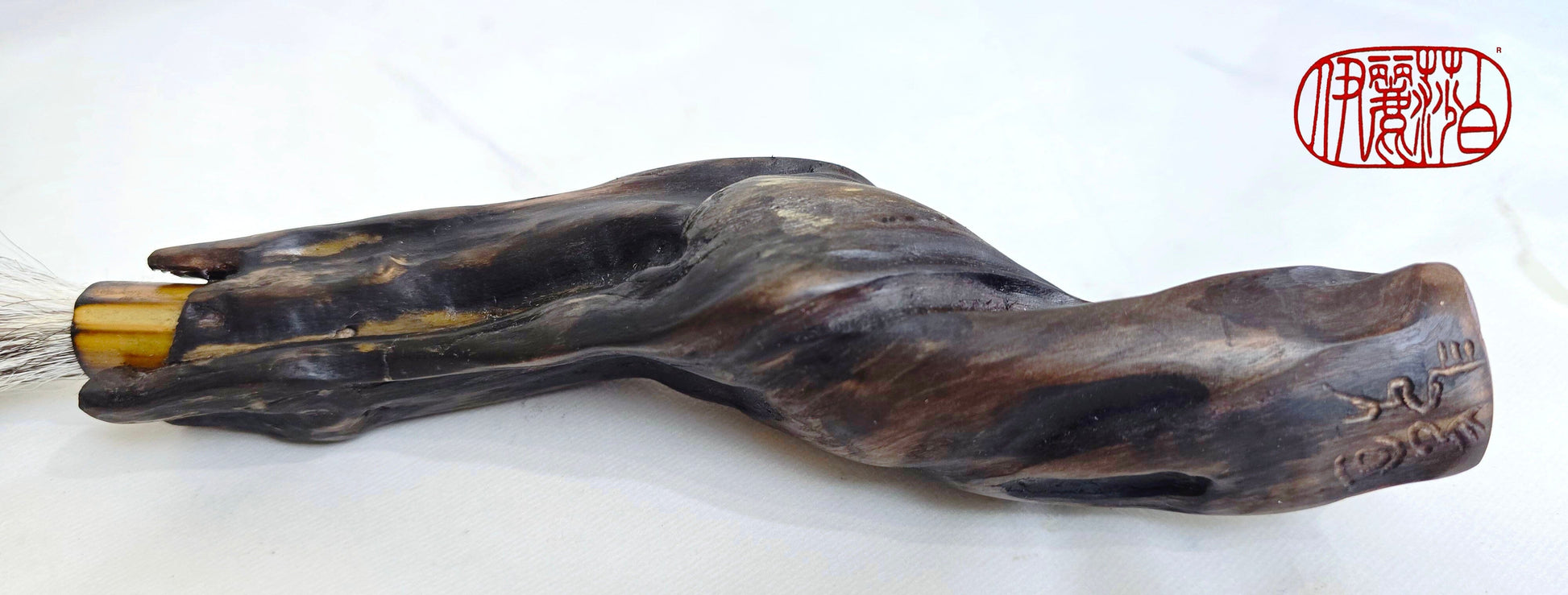 Handmade Sumi-Style Brush – Skunk and White Deer Tail with Sculpted Driftwood Handle Paintbrush Elizabeth Schowachert Art