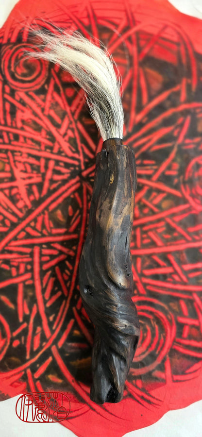 Handmade Sumi-Style Brush – Skunk and White Deer Tail with Sculpted Driftwood Handle Paintbrush Elizabeth Schowachert Art