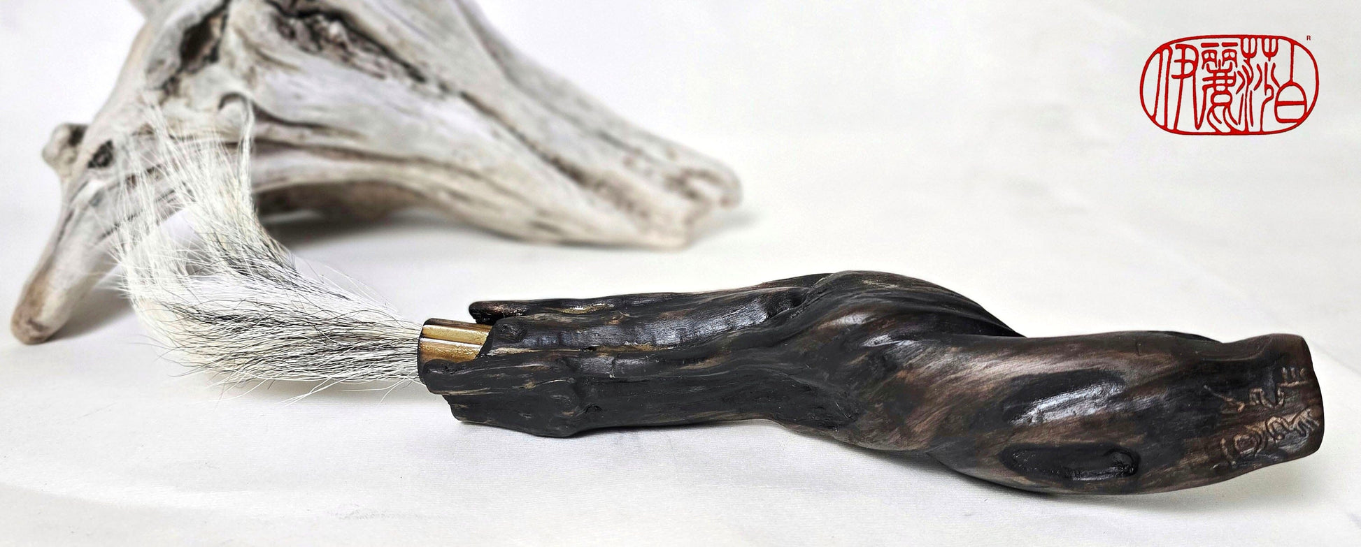 Handmade Sumi-Style Brush – Skunk and White Deer Tail with Sculpted Driftwood Handle Paintbrush Elizabeth Schowachert Art