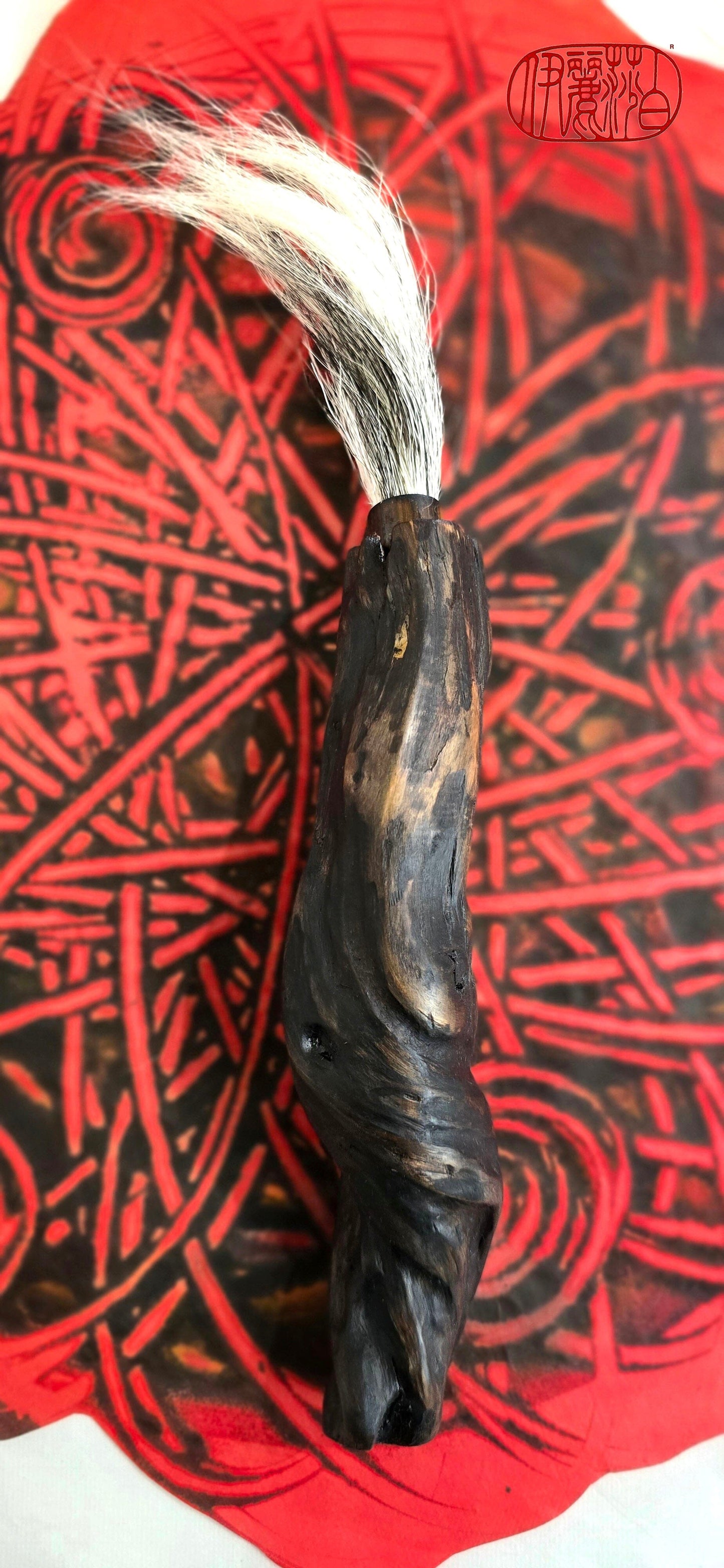Handmade Sumi-Style Brush – Skunk and White Deer Tail with Sculpted Driftwood Handle Paintbrush Elizabeth Schowachert Art