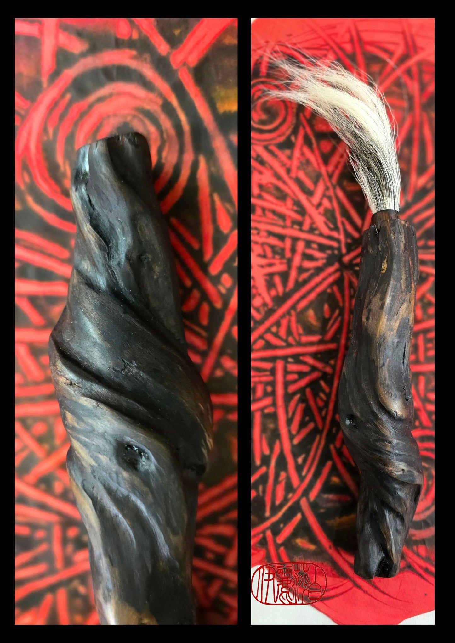 Handmade Sumi-Style Brush – Skunk and White Deer Tail with Sculpted Driftwood Handle Paintbrush Elizabeth Schowachert Art