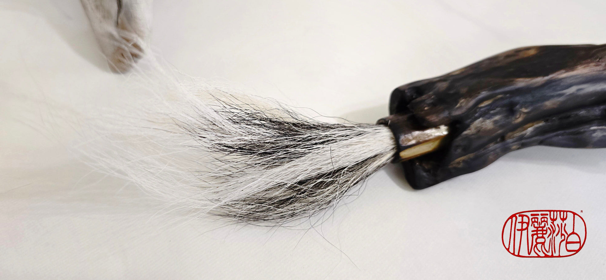Handmade Sumi-Style Brush – Skunk and White Deer Tail with Sculpted Driftwood Handle Paintbrush Elizabeth Schowachert Art