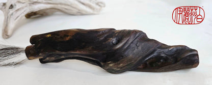 Handmade Sumi-Style Brush – Skunk and White Deer Tail with Sculpted Driftwood Handle Paintbrush Elizabeth Schowachert Art