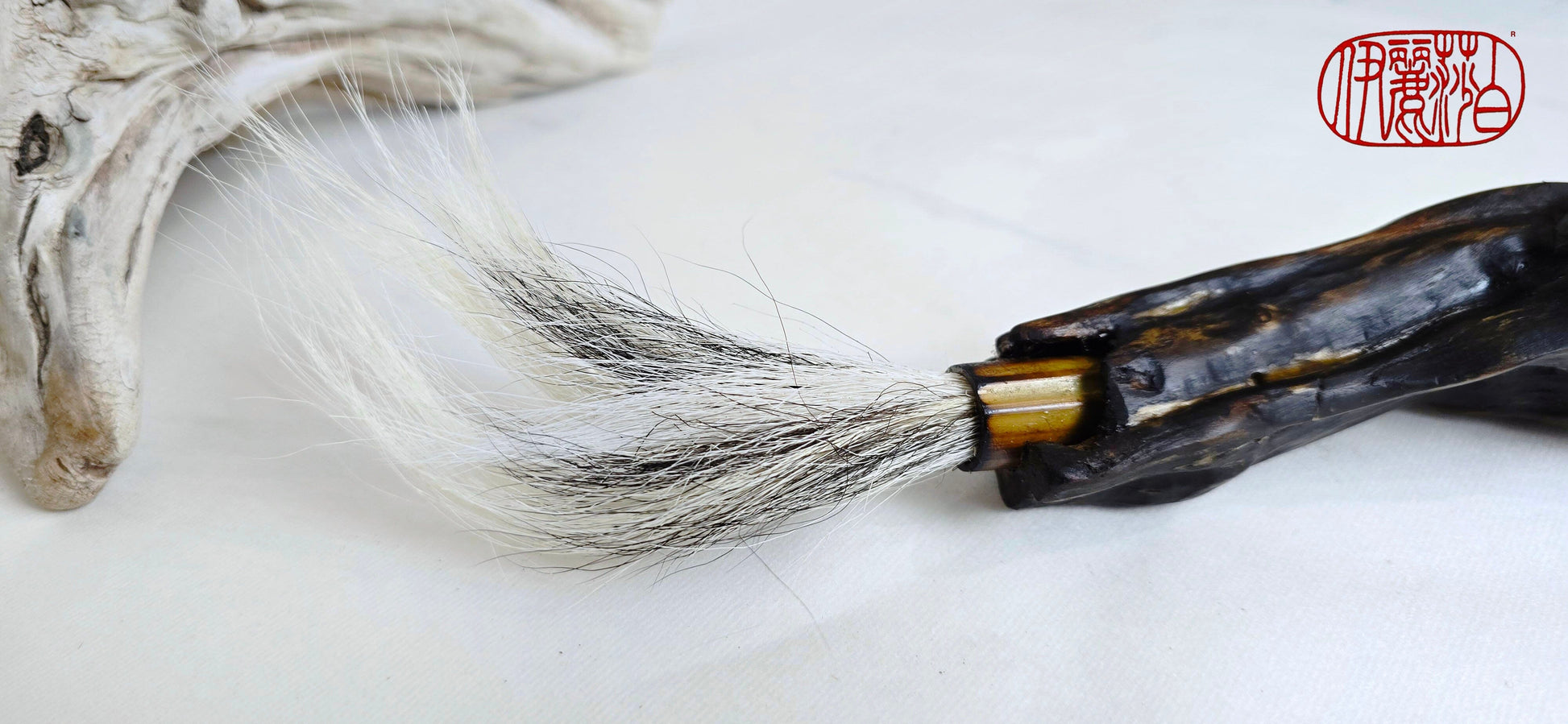 Handmade Sumi-Style Brush – Skunk and White Deer Tail with Sculpted Driftwood Handle Paintbrush Elizabeth Schowachert Art