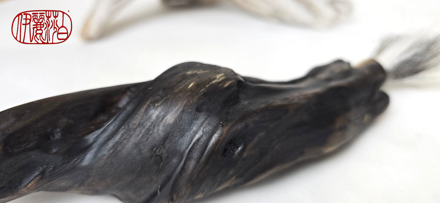 Handmade Sumi-Style Brush – Skunk and White Deer Tail with Sculpted Driftwood Handle Paintbrush Elizabeth Schowachert Art