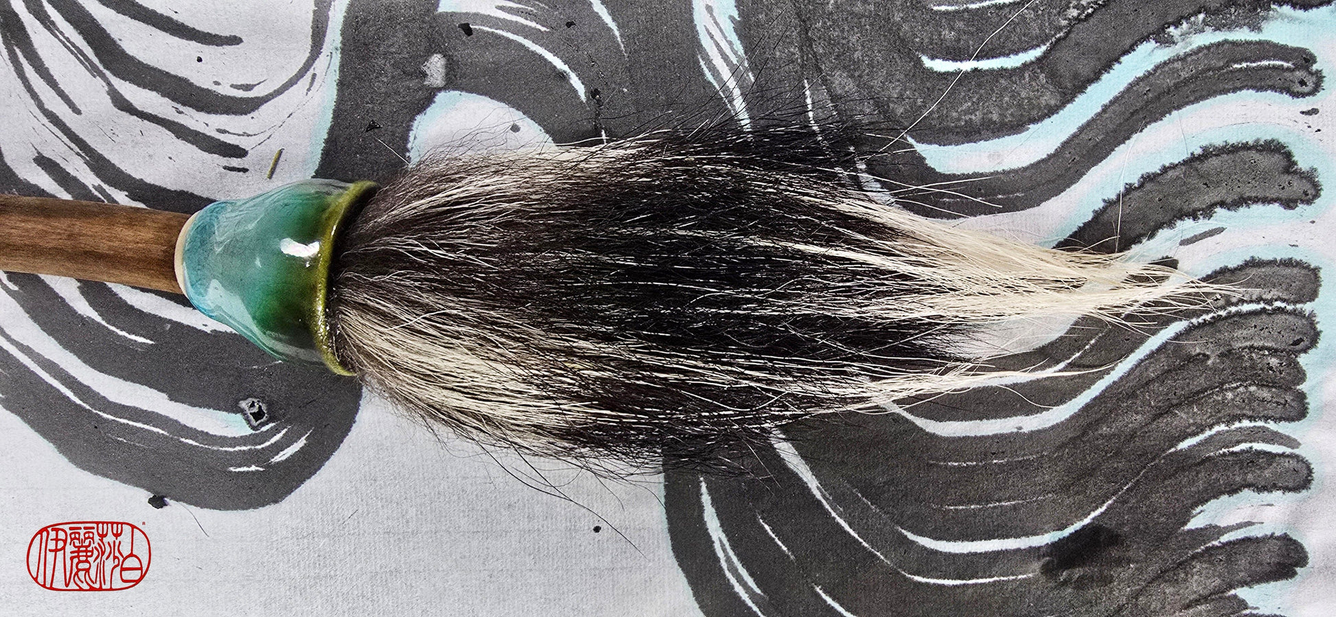 Large Skunk Bristle Brush with Teal Ceramic Ferrule &amp; Driftwood Handle Paintbrush Elizabeth Schowachert Art