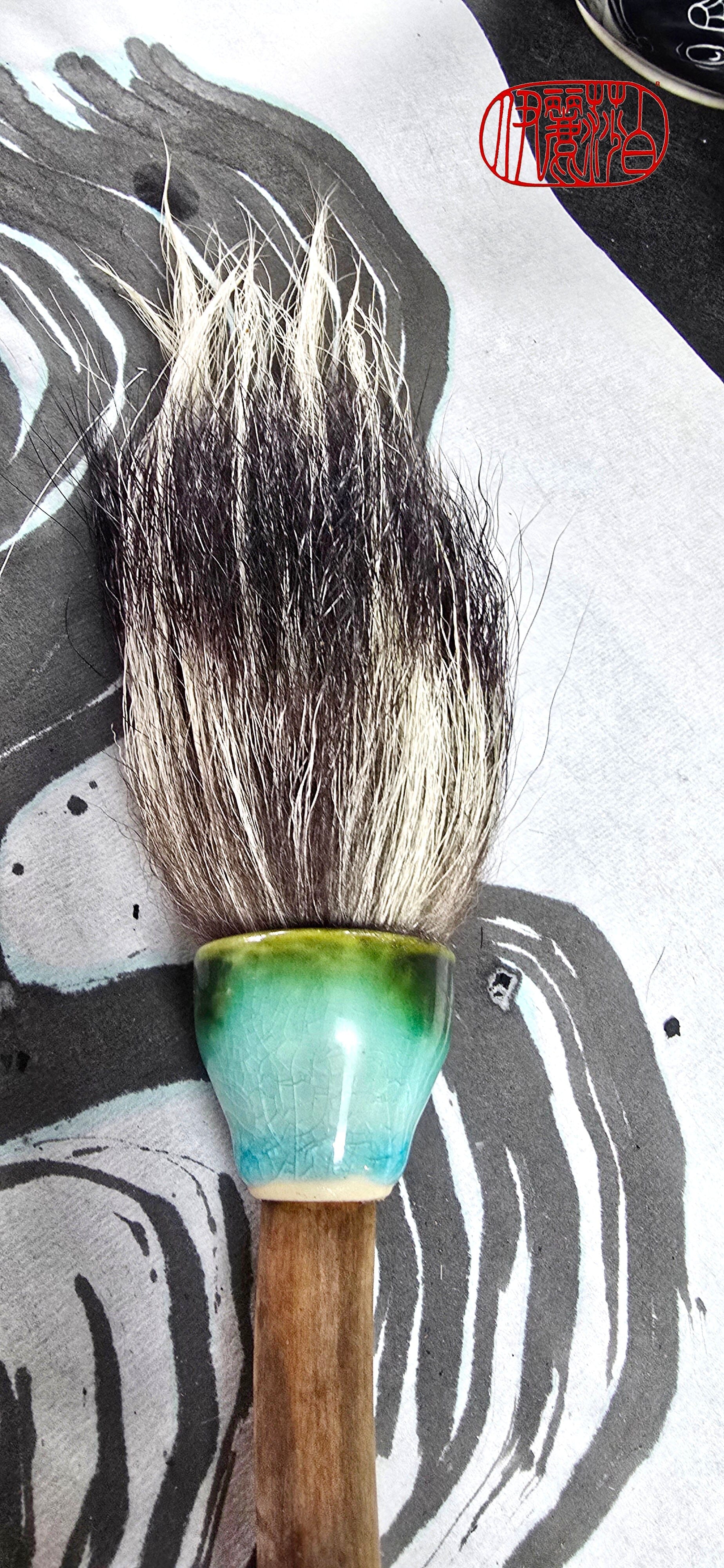 Large Skunk Bristle Brush with Teal Ceramic Ferrule &amp; Driftwood Handle Paintbrush Elizabeth Schowachert Art