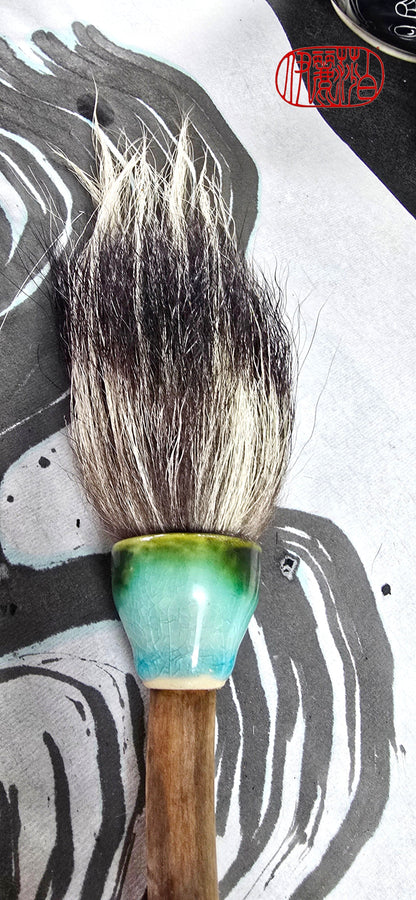 Large Skunk Bristle Brush with Teal Ceramic Ferrule &amp; Driftwood Handle Paintbrush Elizabeth Schowachert Art