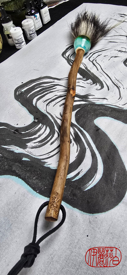 Large Skunk Bristle Brush with Teal Ceramic Ferrule &amp; Driftwood Handle Paintbrush Elizabeth Schowachert Art