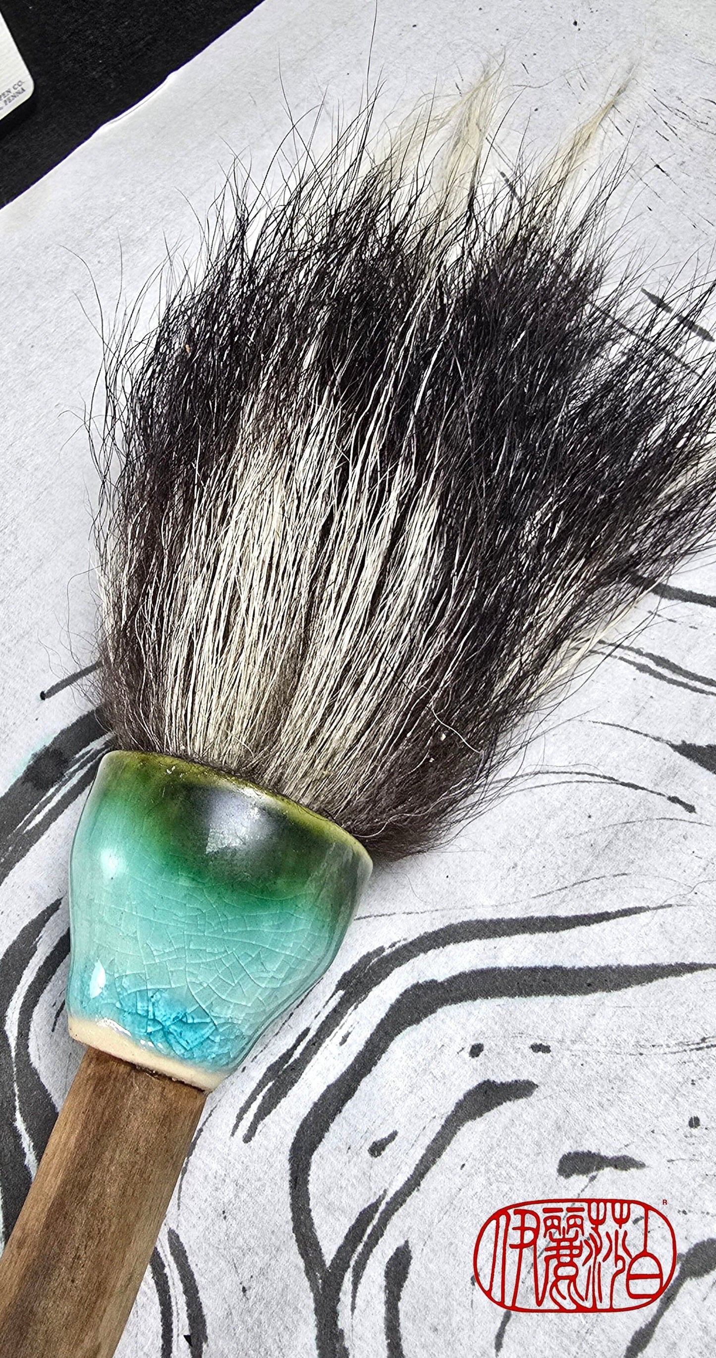 Large Skunk Bristle Brush with Teal Ceramic Ferrule &amp; Driftwood Handle Paintbrush Elizabeth Schowachert Art