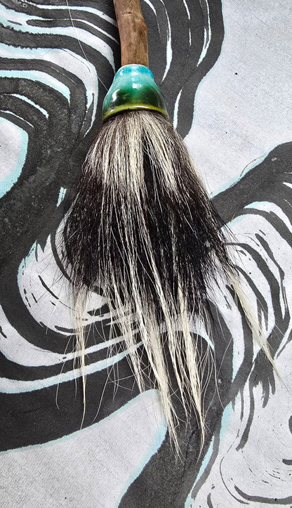 Large Skunk Bristle Brush with Teal Ceramic Ferrule &amp; Driftwood Handle Paintbrush Elizabeth Schowachert Art