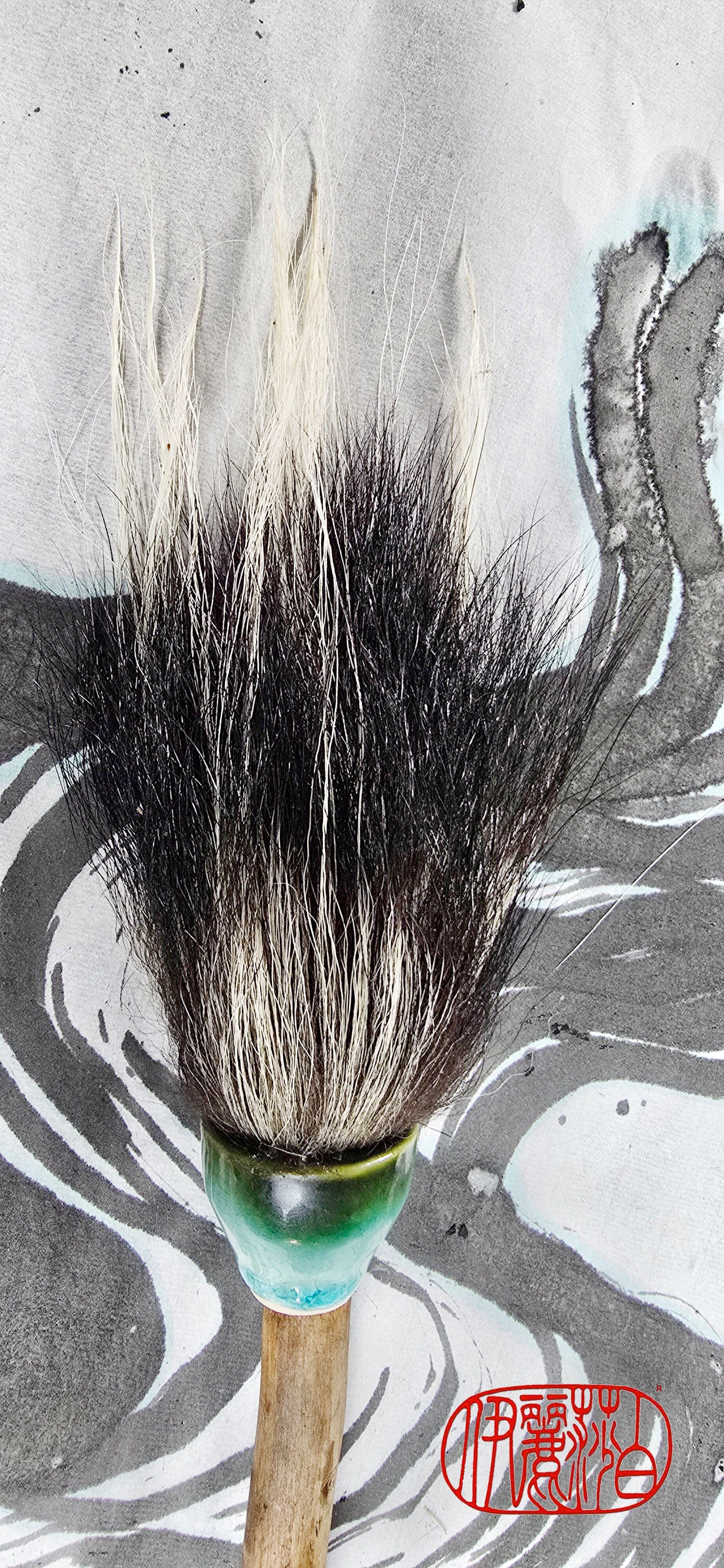 Large Skunk Bristle Brush with Teal Ceramic Ferrule &amp; Driftwood Handle Paintbrush Elizabeth Schowachert Art