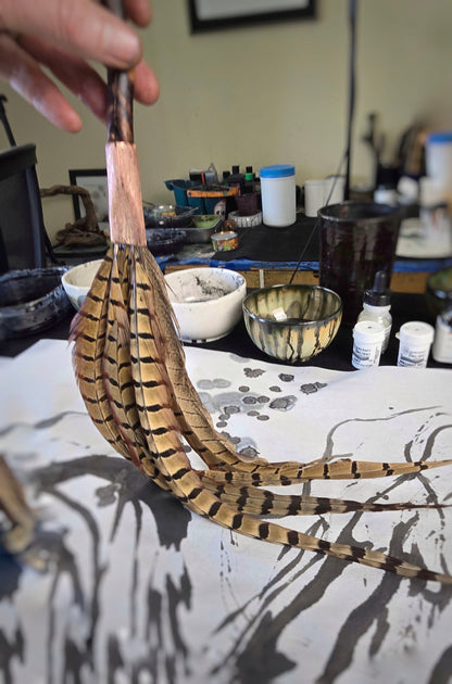 Pheasant Feather Brush with Driftwood Handle Paintbrushes Elizabeth Schowachert Art
