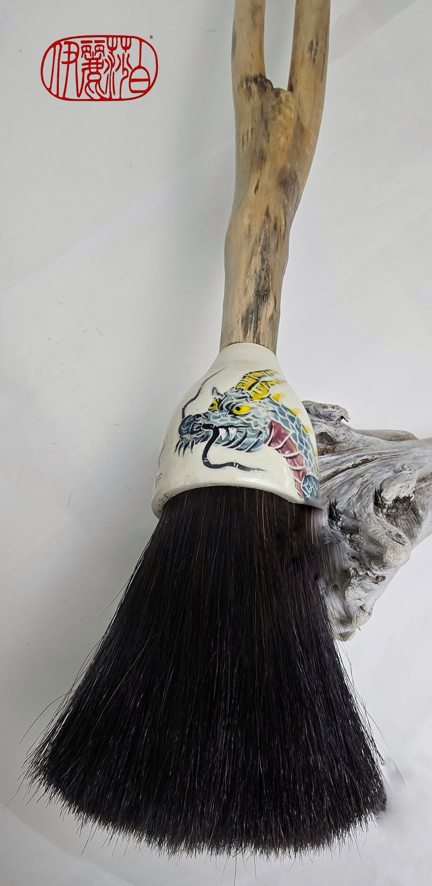 Premium Horsehair Brush with Dragon Ceramic Ferrule and Birch Driftwood Handle Paintbrushes Elizabeth Schowachert Art