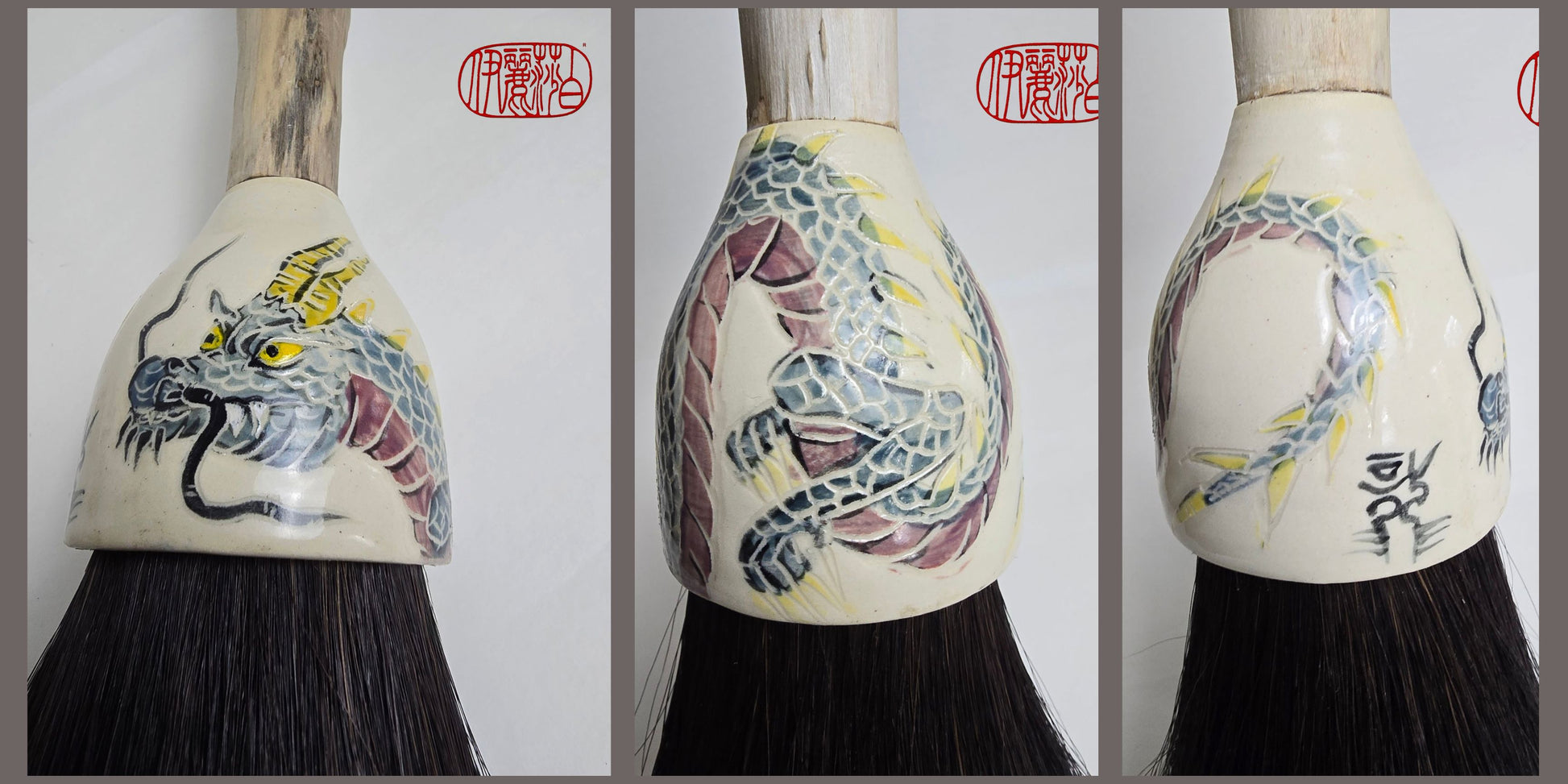 Premium Horsehair Brush with Dragon Ceramic Ferrule and Birch Driftwood Handle Paintbrushes Elizabeth Schowachert Art