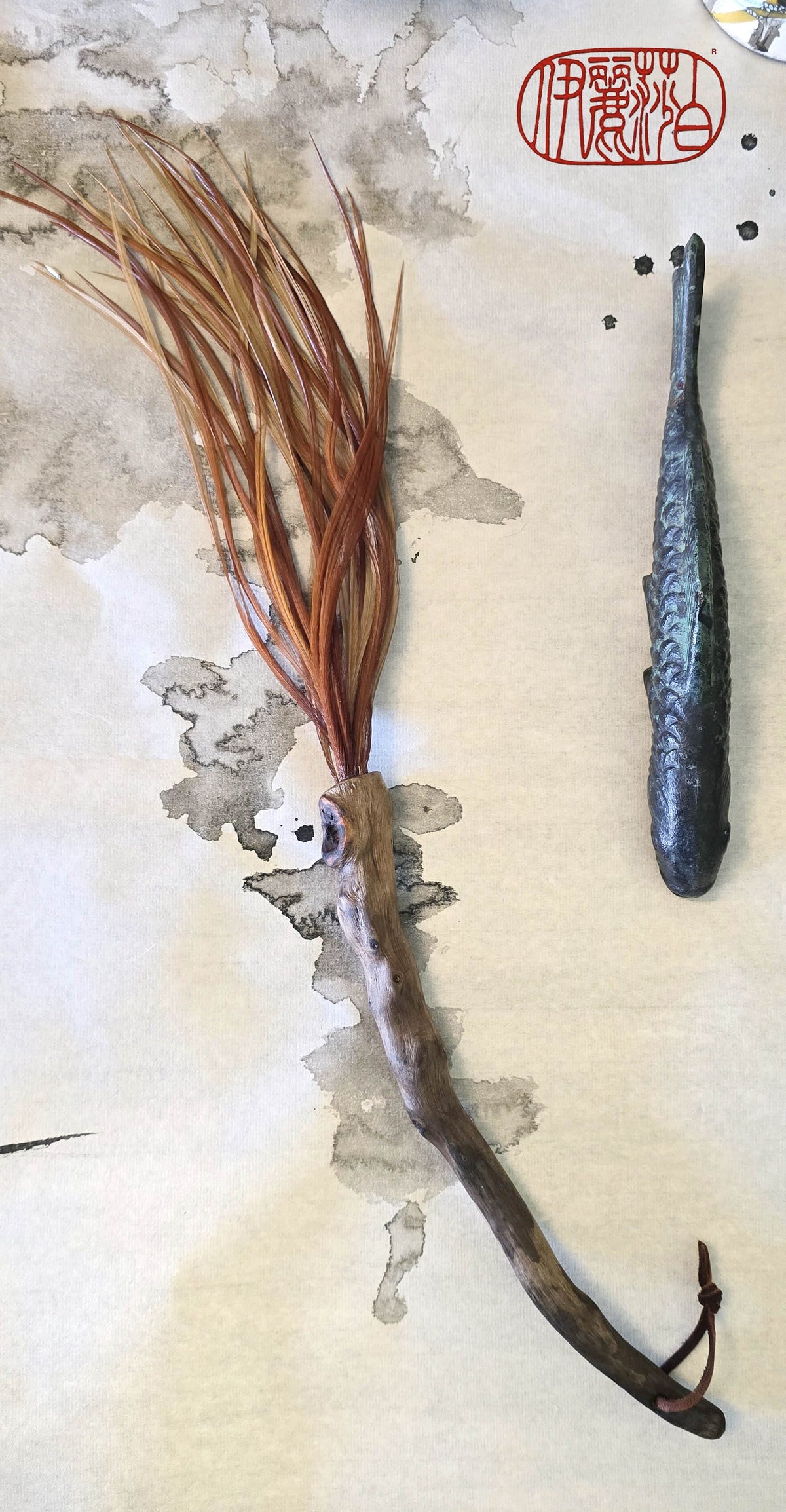 Premium Vintage Rooster Feather Brush with Driftwood Handle Paintbrushes Elizabeth Schowachert Art