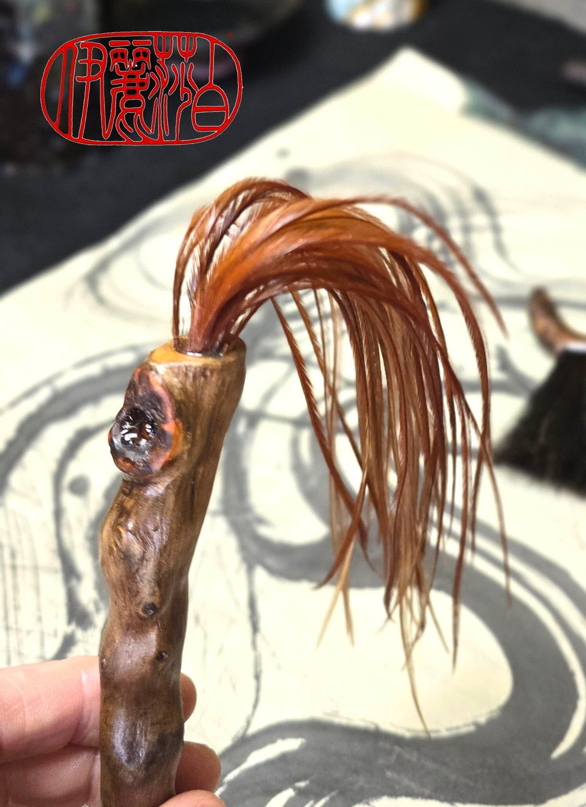 Premium Vintage Rooster Feather Brush with Driftwood Handle Paintbrushes Elizabeth Schowachert Art