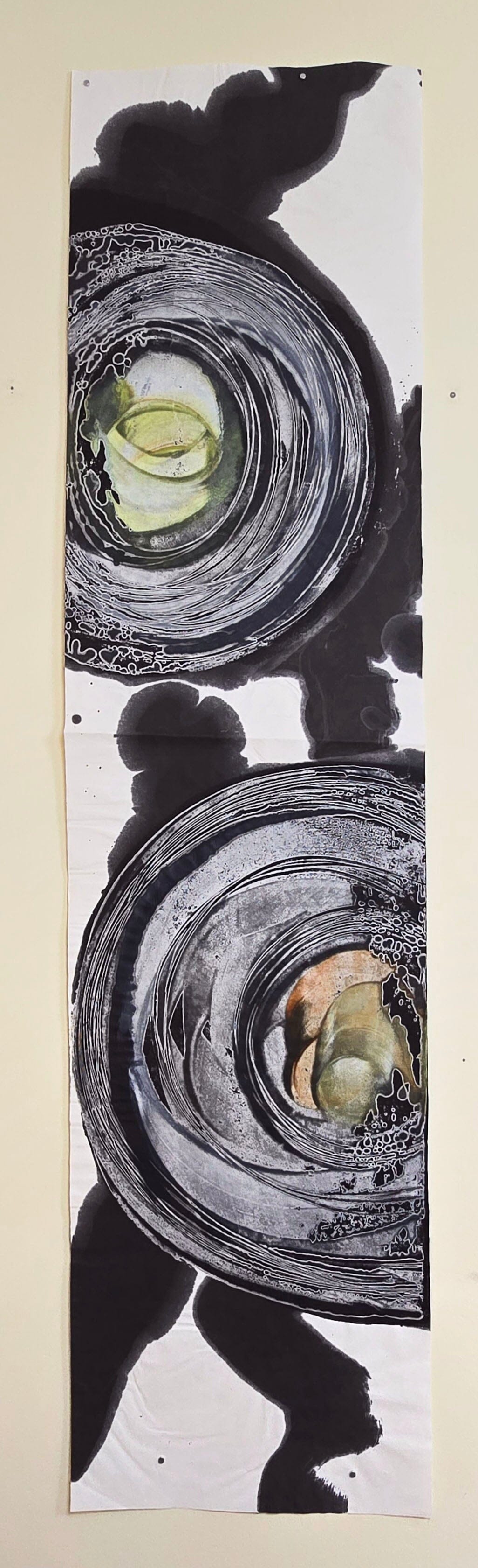 Vertical Study 2: Circles — Encaustic Monotype Scroll with Hand-Applied Ink Artwork Elizabeth Schowachert Art