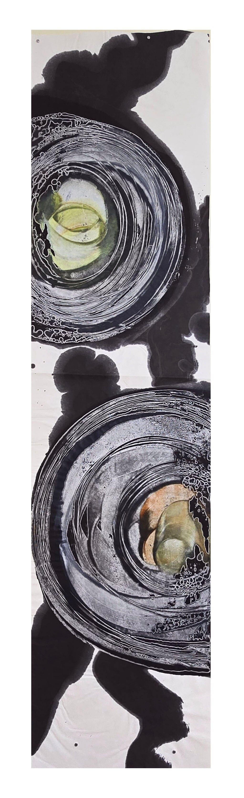 Vertical Study 2: Circles — Encaustic Monotype Scroll with Hand-Applied Ink Artwork Elizabeth Schowachert Art