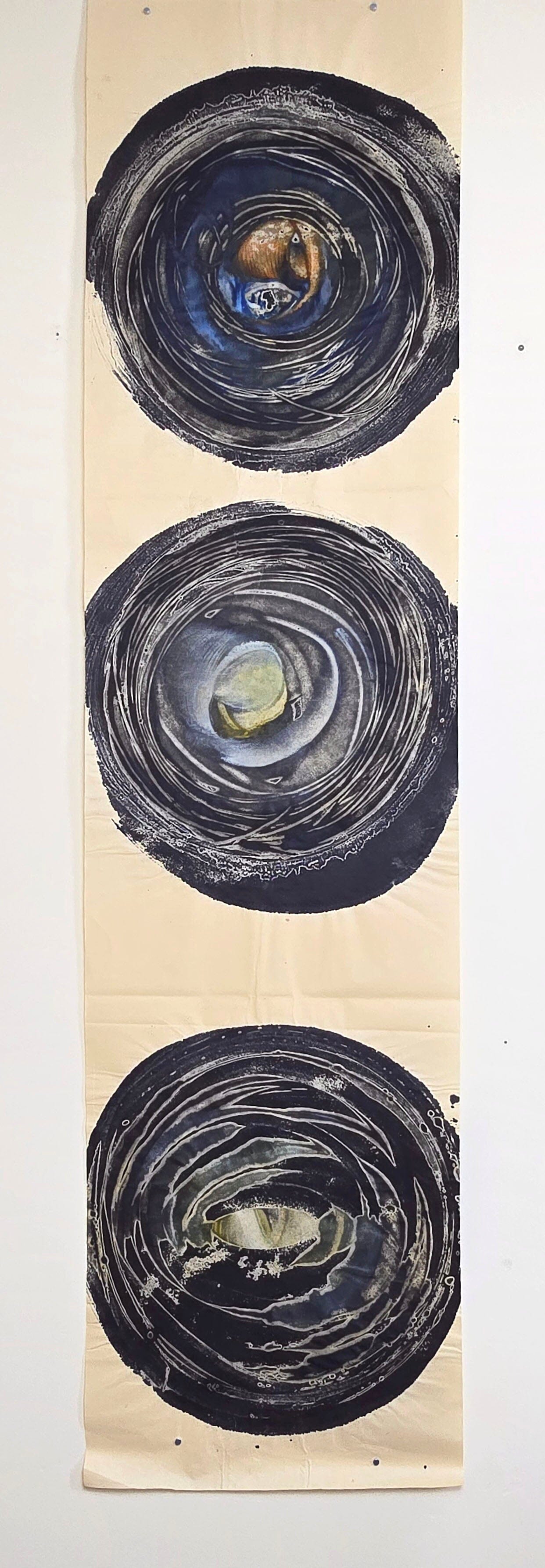 Vertical Study: Circles - Encaustic Monotype on Handmade Asian Paper Artwork Elizabeth Schowachert Art