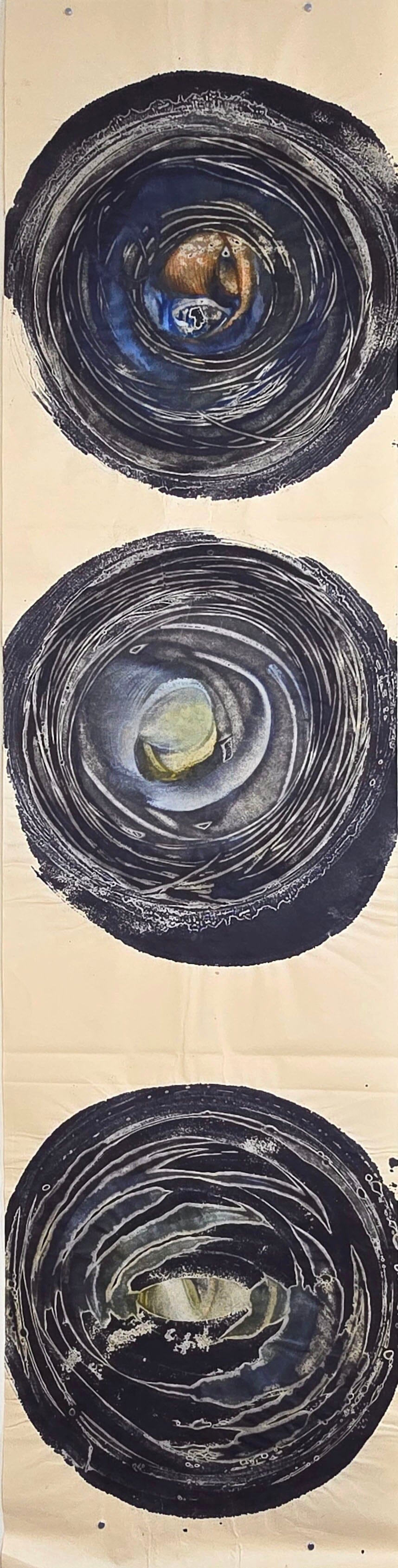 Vertical Study: Circles - Encaustic Monotype on Handmade Asian Paper Artwork Elizabeth Schowachert Art
