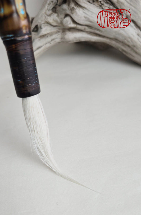White Deer Tail Brush with Incised Bamboo Handle &amp; Blue Accents Paintbrushes Elizabeth Schowachert Art