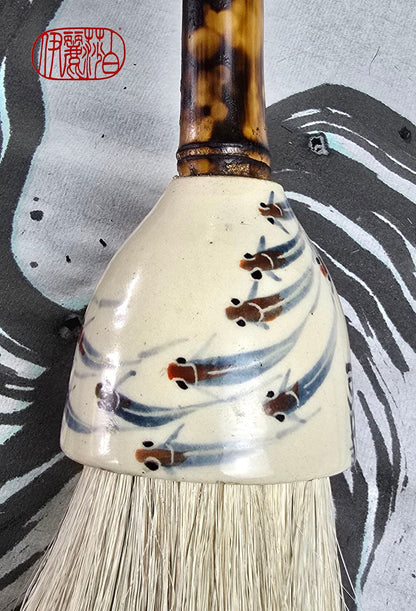 White Horsehair Brush with Painted Ceramic Ferrule &amp; “Embers” Bamboo Handle Paintbrush Elizabeth Schowachert Art