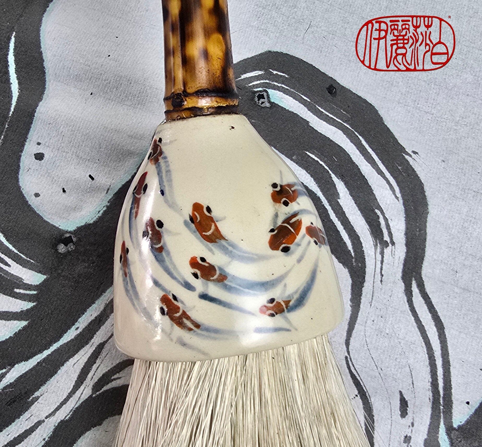 White Horsehair Brush with Painted Ceramic Ferrule &amp; “Embers” Bamboo Handle Paintbrush Elizabeth Schowachert Art