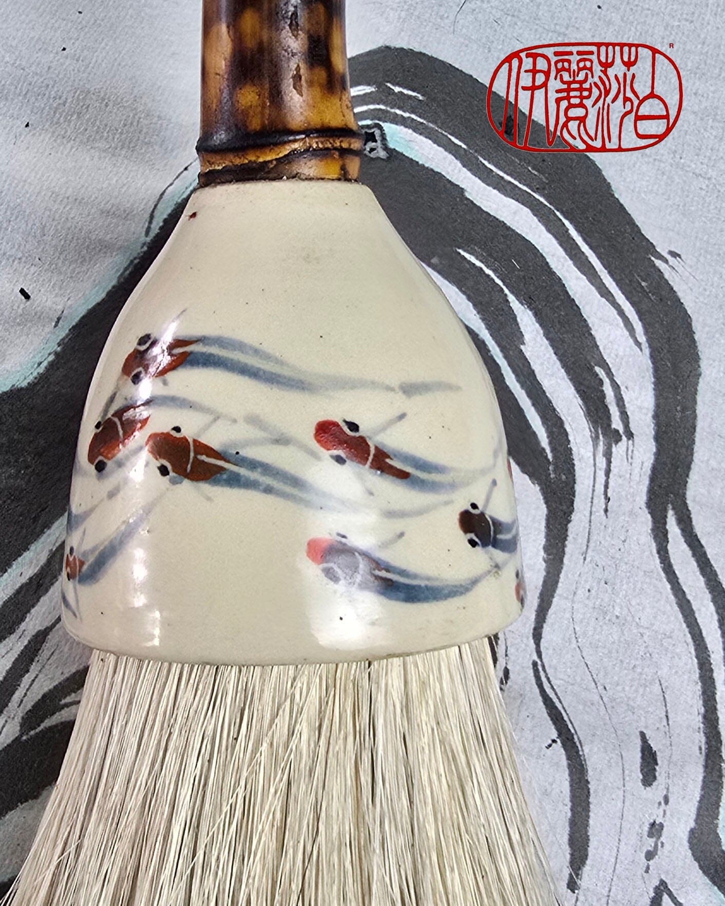 White Horsehair Brush with Painted Ceramic Ferrule &amp; “Embers” Bamboo Handle Paintbrush Elizabeth Schowachert Art