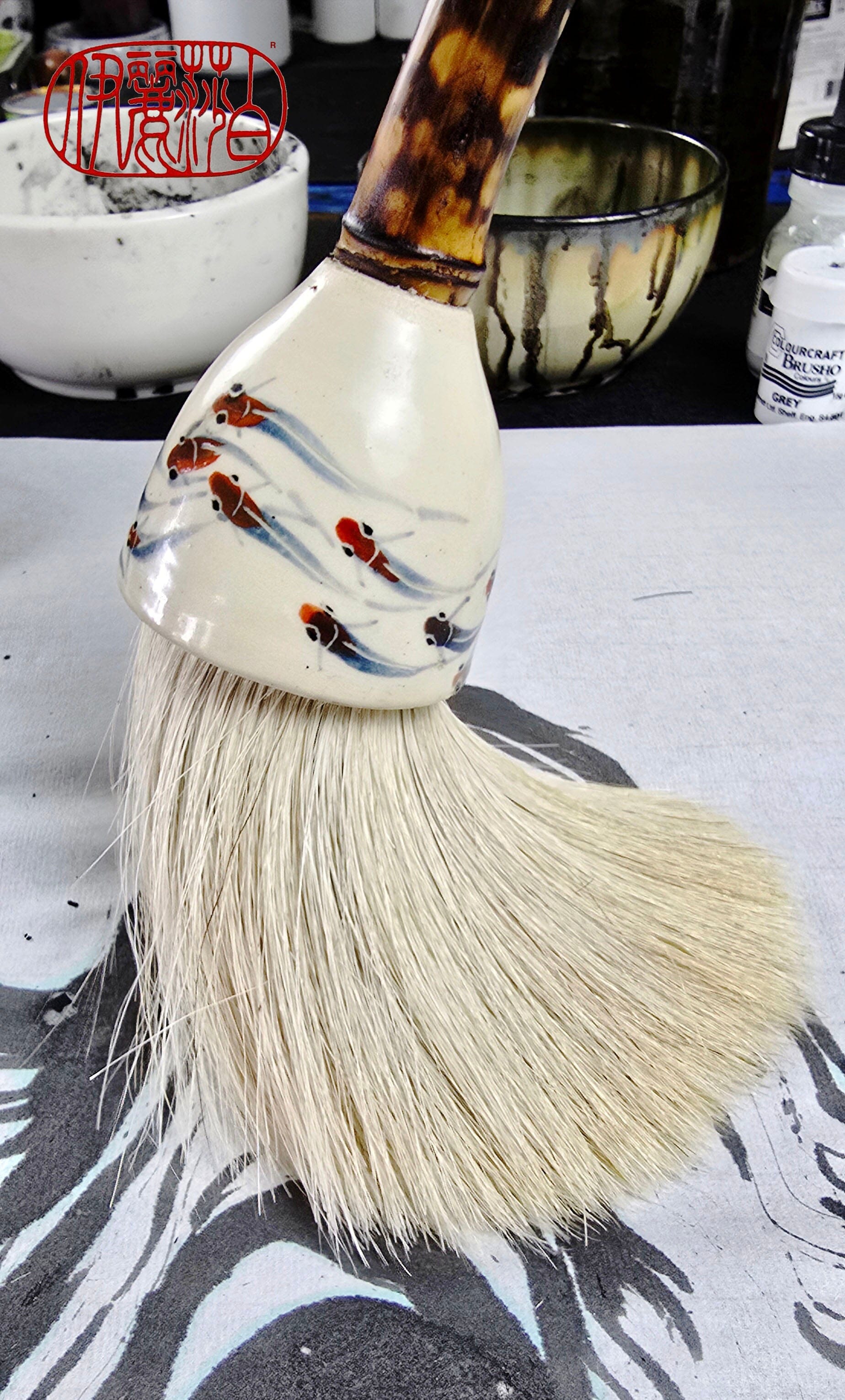 White Horsehair Brush with Painted Ceramic Ferrule &amp; “Embers” Bamboo Handle Paintbrush Elizabeth Schowachert Art