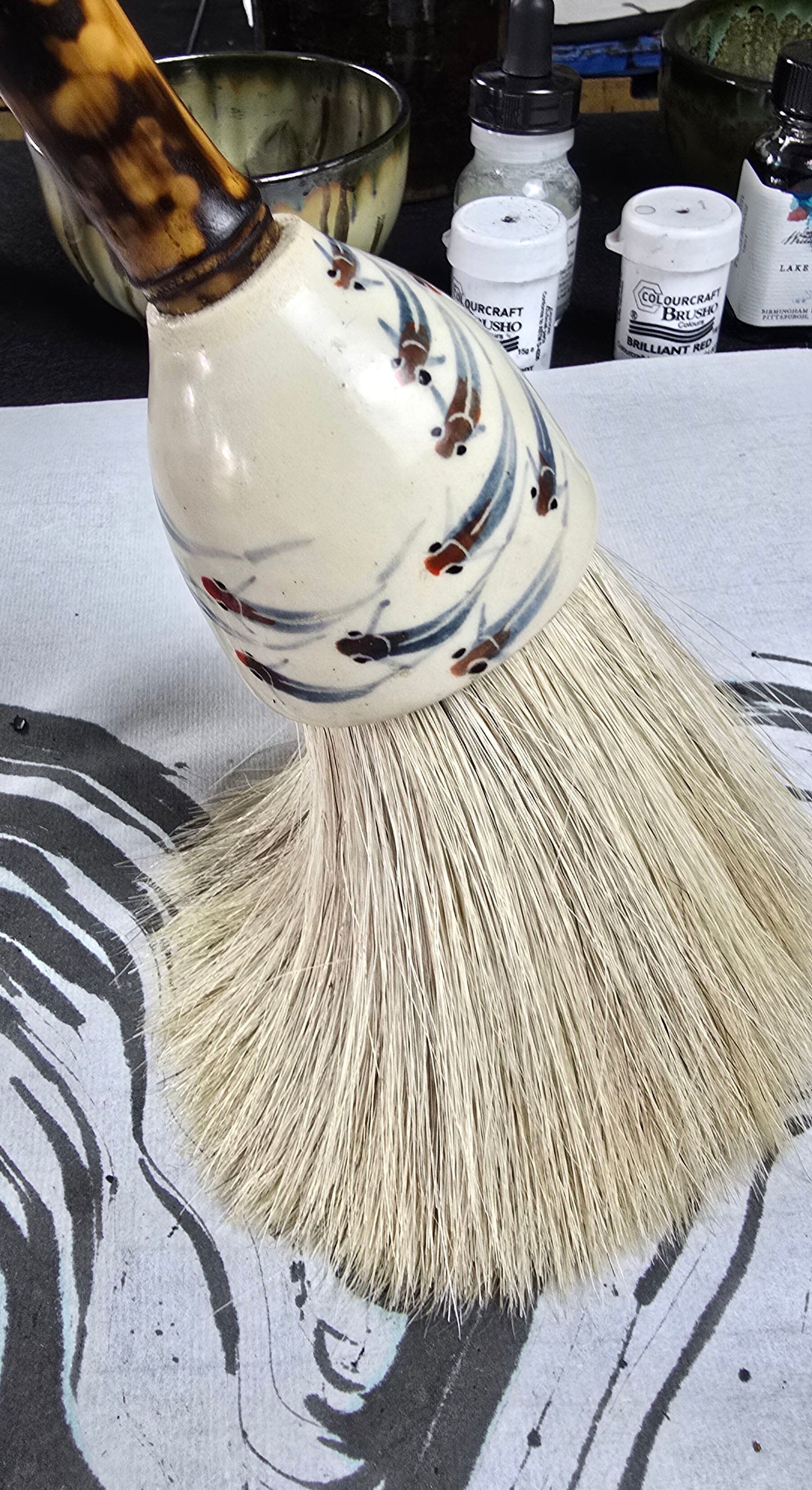 White Horsehair Brush with Painted Ceramic Ferrule &amp; “Embers” Bamboo Handle Paintbrush Elizabeth Schowachert Art