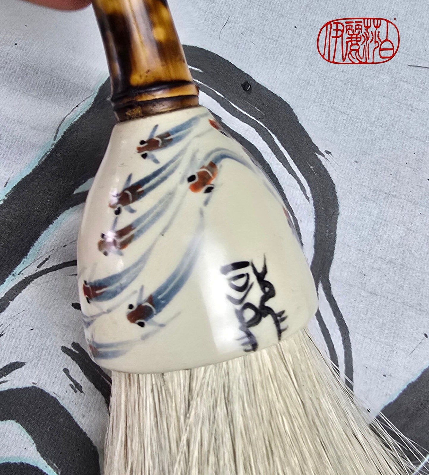 White Horsehair Brush with Painted Ceramic Ferrule &amp; “Embers” Bamboo Handle Paintbrush Elizabeth Schowachert Art