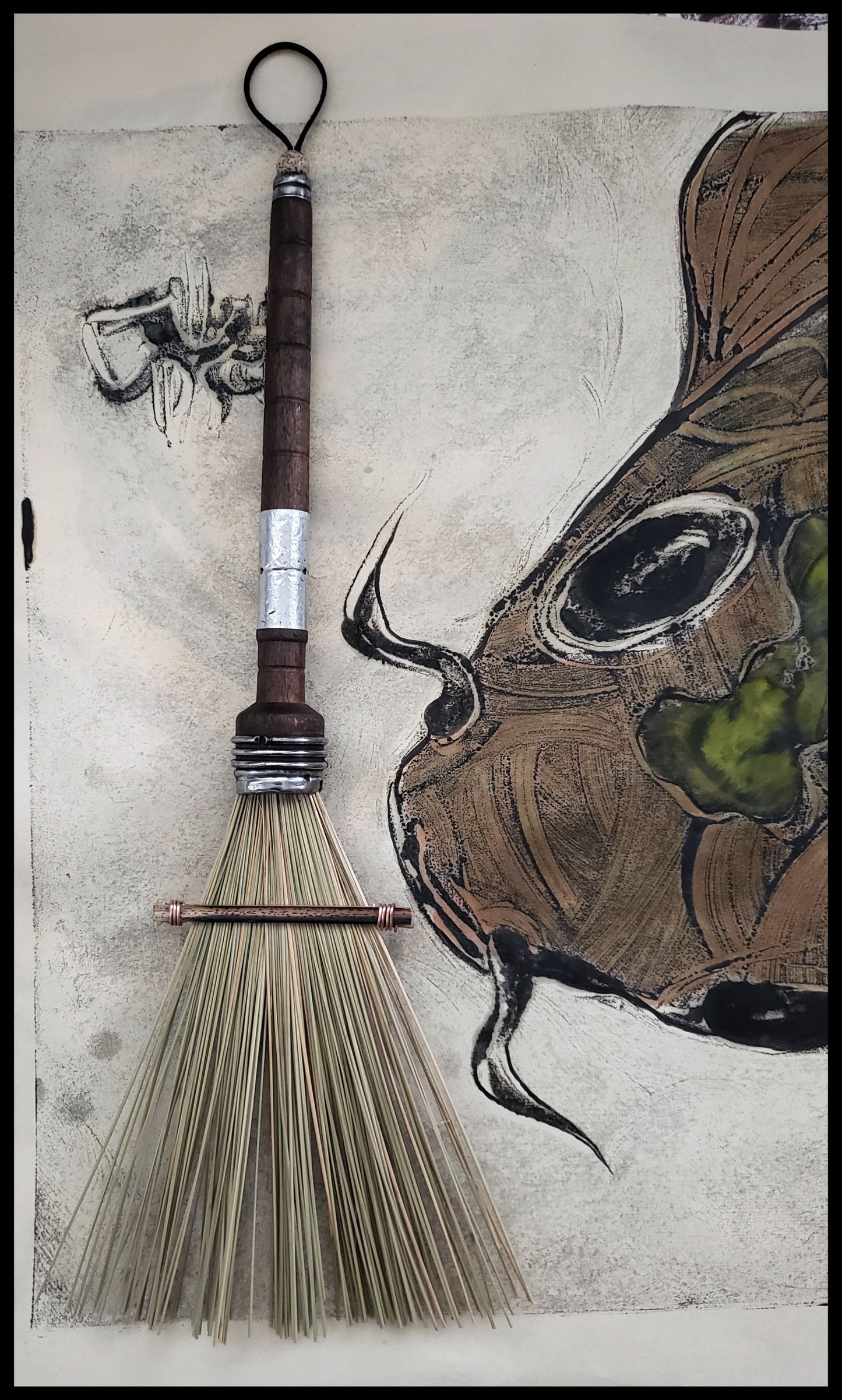 African Fiber Fan Paint Brush with Vintage Quill Bobbin Spool Handle - Elizabeth Schowachert Art